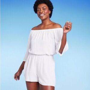 Kona Sol Women’s Off the Shoulder Swim Cover Up Romper White XL NWT